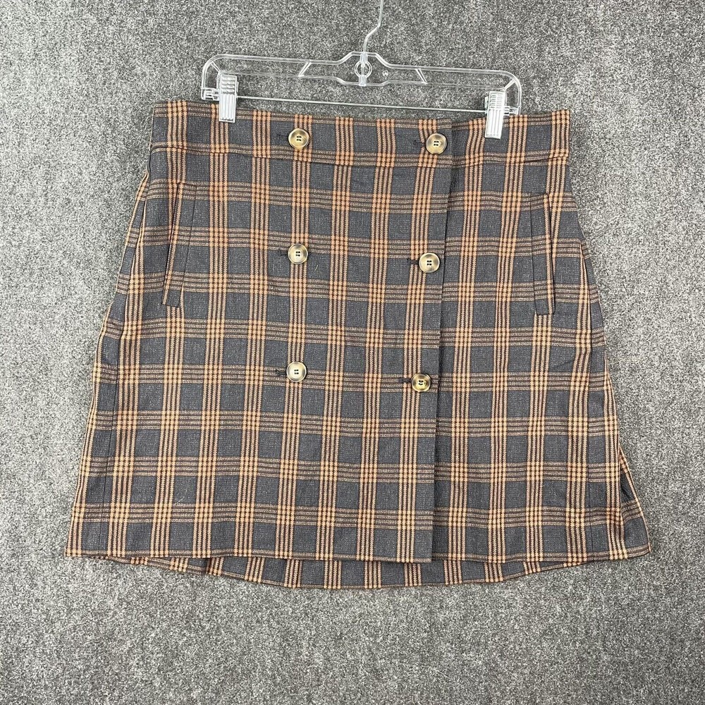 Madewell Plaid Double-Breasted Mini Skirt Navy Brown Plaid Vintage Pockets Sz XL